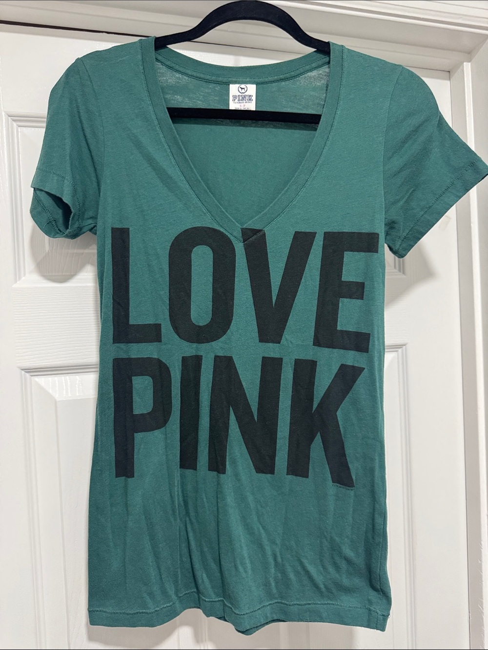 PINK Victoria's Secret Teal V-Neck Tee with Black 'LOVE PINK' Graphic